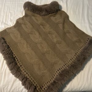 Cozy Brown Cable Knit Sweater with Faux Fur Trim